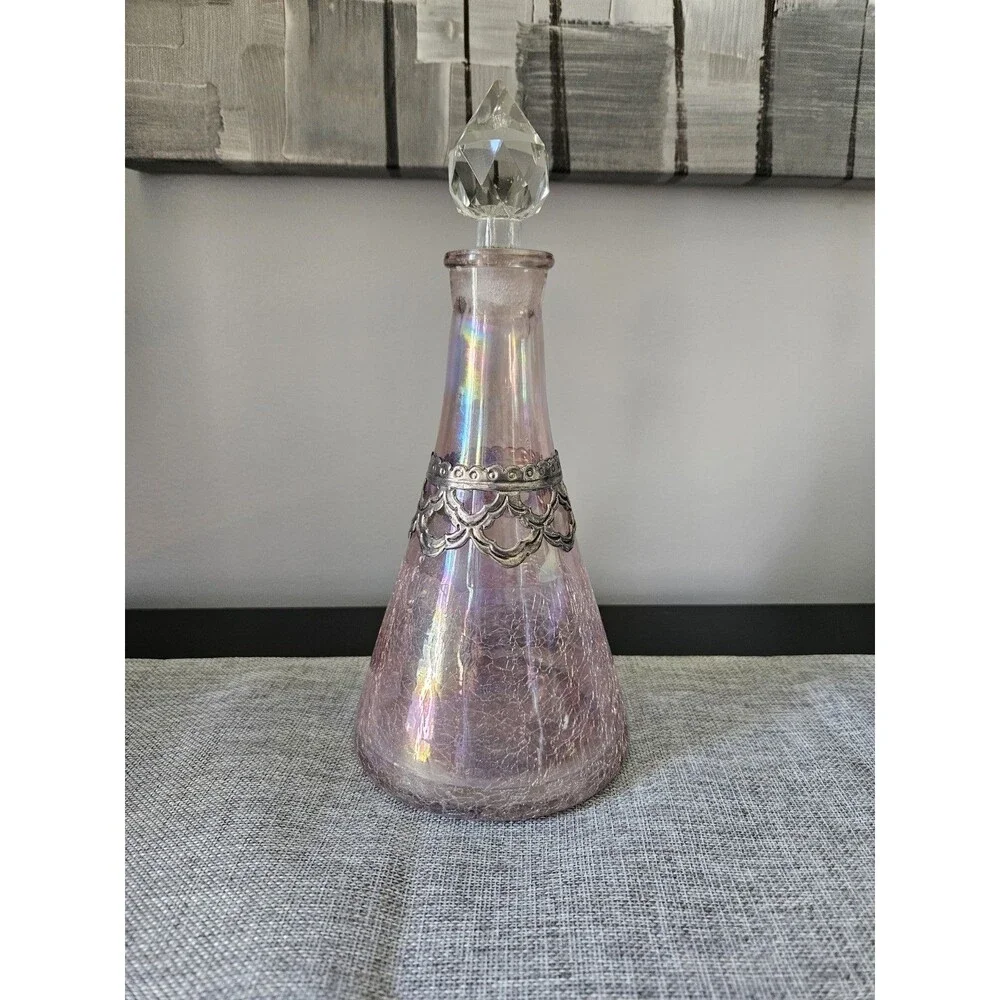 Crackled Glass Decanter With Silver Band